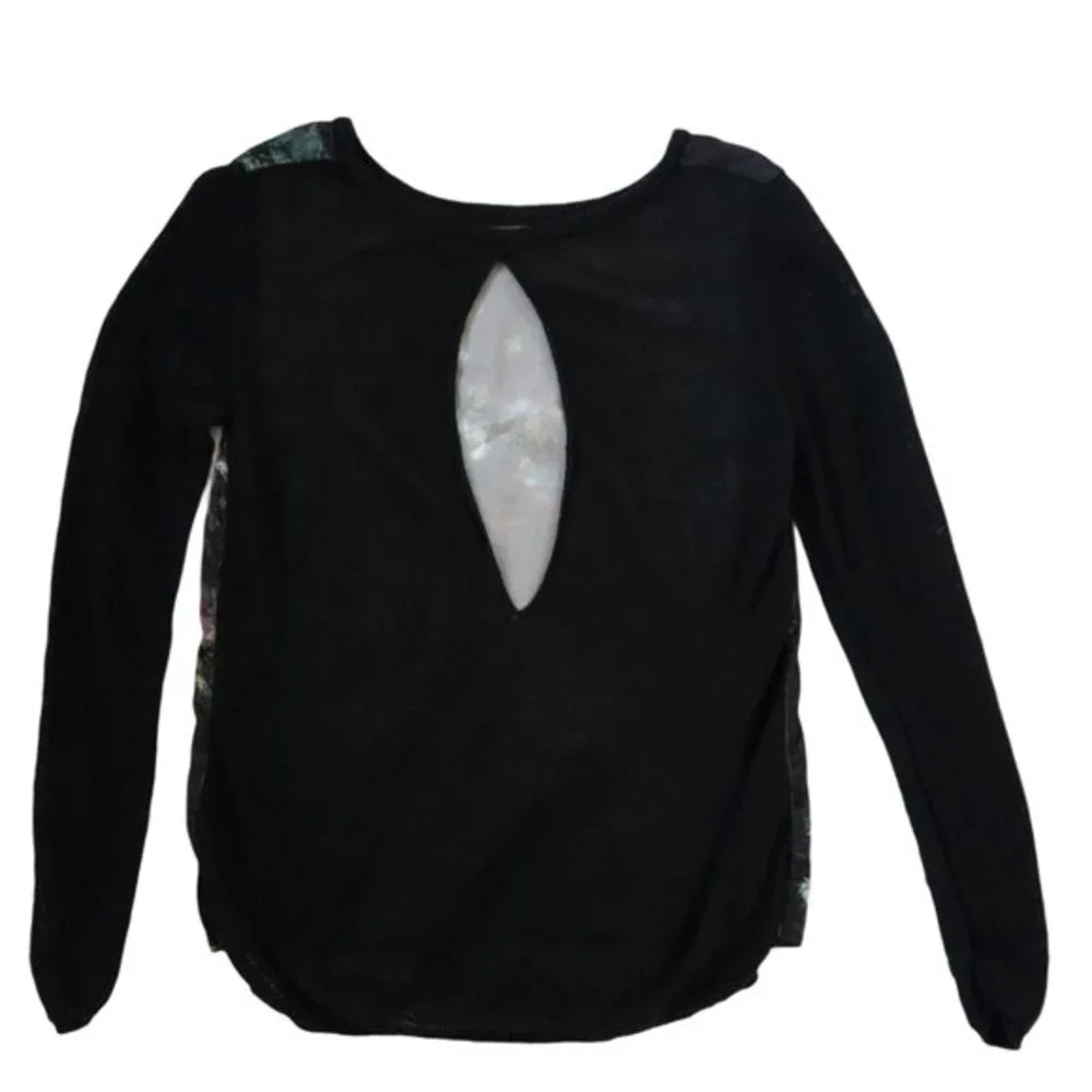 H & M Silky Floral Print Top Black Long Sleeve Mesh Back Keyhole Closure Size XS - Picture 2 of 11